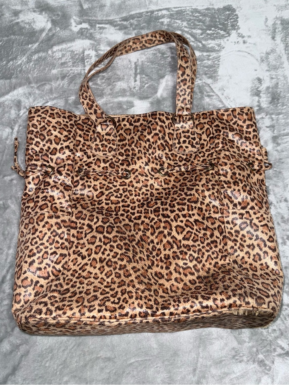 Neiman Marcus Brown Tan Leopard Print Tote Bag Drawstring Shoulder Strap READ